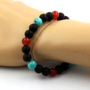 Red Agate + Turquoise + Matte Black Onyx Bracelet 8 mm Beads.