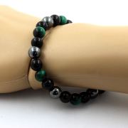 Green Tiger's Eye + Hematite + Black Agate Bracelet 8 mm Beads.