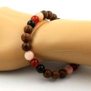 Pink Opal + Black Agate + Red Agate + wood Bracelet 8 mm Beads.