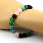 Pink Quartz + Matte Black Onyx + Aquamarine + Green Agate Bracelet 8 mm Beads.