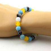 Snowflake Obsidian + Yellow Agate + Aquamarine + Blue Chalcedony Bracelet 8 mm Beads.