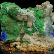 Conichalcite ps. Azurite with Azurite, and Calcite