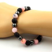 Pink Opal + Hematite + Lava Bracelet 8 mm Beads.