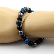 Light Blue Tiger's Eye + Hematite + Black Agate Bracelet 8 mm Beads.