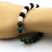 Moonstone + Matte Black Onyx + Malachite + Wood Bracelet 8 mm Beads.