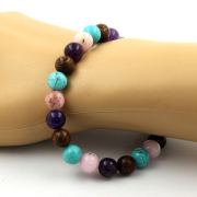 Pink Opal + Amethyst + Turquoise + wood Bracelet 8 mm Beads.