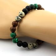 Dalmatian Jasper + Malachite + Matte Black Onyx + Wood Bracelet 8 mm Beads.