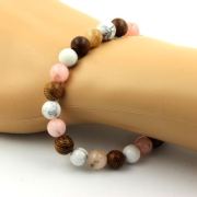 Pink Opal + Howlite + wood Bracelet 8 mm Beads.