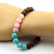 Pink Opal + Turquoise + wood Bracelet 8 mm Beads.