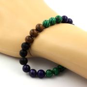 Lapis Lazuli + Malachite + Matte Black Onyx + Wood Bracelet 8 mm Beads.