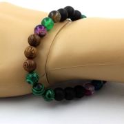 Multicolor Banded Agate + Malachite + Matte Black Onyx + Wood Bracelet 8 mm Beads.