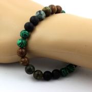 African Turquoise + Malachite + Matte Black Onyx + Wood Bracelet 8 mm Beads.