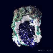 Azurite on Chalcoalumite on Malachite