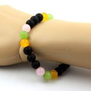 Pink Quartz + Yellow Agate + Peridot + Matte Black Onyx Bracelet 8 mm Beads.