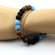 Blue Chalcedony + Matte Black Onyx + Wood Bracelet 8 mm Beads.