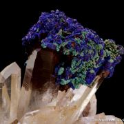 Azurite, with Malachite and Goethite, on Quartz