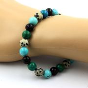 Dalmatian Jasper + Turquoise + Chrysocolla + Black Agate Bracelet 8 mm Beads.