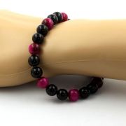 Fuschia Tiger Eye + Black Agate Bracelet 8 mm Beads.