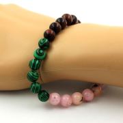 Pink Opal + Red Tiger Eye + Malachite + Wood Bracelet 8 mm Beads.