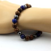 Lapis Lazuli + Hematite + wood Bracelet 8 mm Beads.