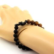 Schorl Tourmaline from Brazil + Matte black Onyx + wood Bracelet 8 mm Beads.