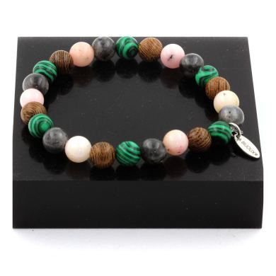 Pink Opal + Labradorite + Malachite + wood Bracelet 8 mm Beads.