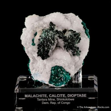 Malachite and Calcite on Dioptase