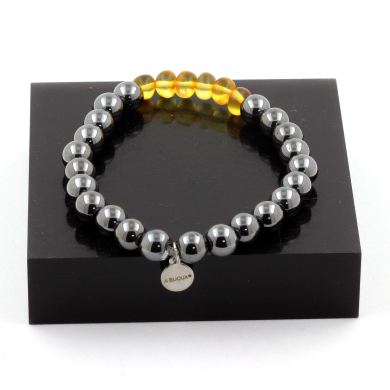 Genuine Baltic Sea Amber + Hematite Bracelet 8 mm Beads.