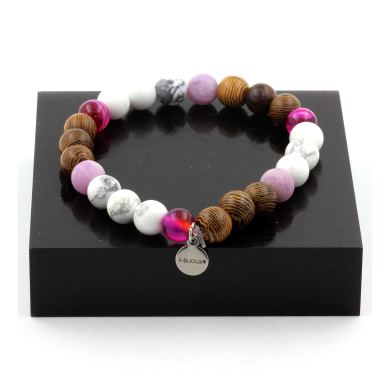 Howlite + Pink Banded Agate + Matte Purple Mica + Wood Bracelet 8 mm Beads.