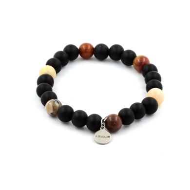 Petrified wood + matte black Onyx Bracelet 8 mm Beads.