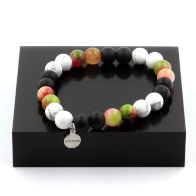 Watermelon Tourmaline + Howlite + Matte Black Onyx Bracelet 8 mm Beads.