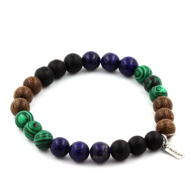 Lapis Lazuli + Malachite + Matte Black Onyx + Wood Bracelet 8 mm Beads.