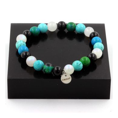 Chrysocolla + Turquoise + Moonstone + Black Agate Bracelet 8 mm Beads.