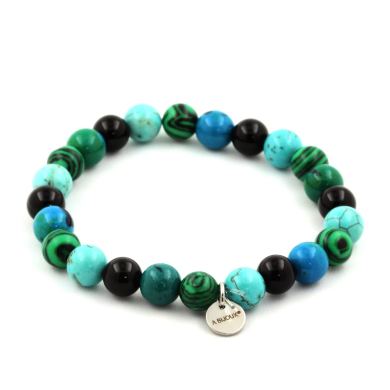 Chrysocolla + Malachite + Turquoise + Black Agate Bracelet 8 mm Beads.