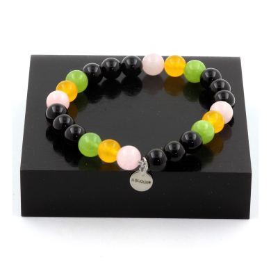 Yellow Agate + Pink Quartz + Peridot + Black Agate Bracelet 8 mm Beads.