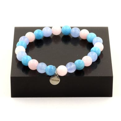 Blue Chalcedony + Aquamarine + Rose Quartz Bracelet 8 mm Beads.