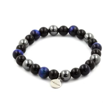 Blue Tiger's Eye + Hematite + Black Agate Bracelet 8 mm Beads.