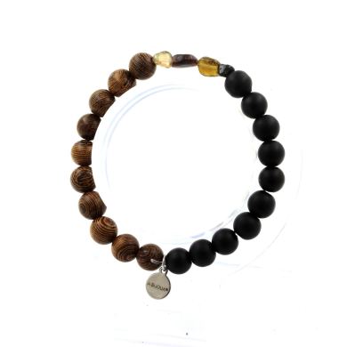 Multicolor Tourmaline from Brazil + matte Black Onyx + wood Bracelet 8 mm Beads.