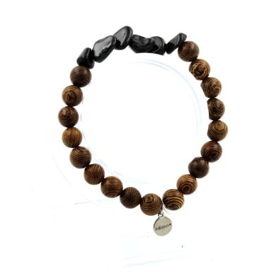 Schorl Tourmaline from Brazil + wood Bracelet 8 mm Beads.