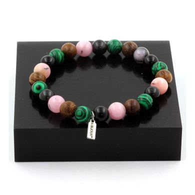 Pink Opal + Black Obsidian + Malachite + Wood Bracelet 8 mm Beads.