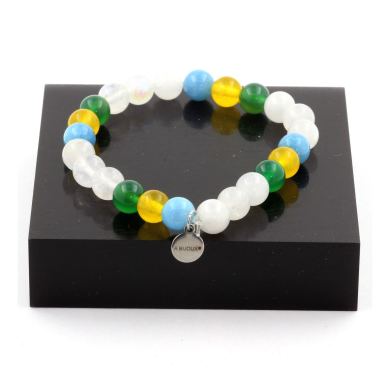 Moonstone + Yellow Agate + Green Agate + Blue Chalcedony Bracelet 8 mm Beads.