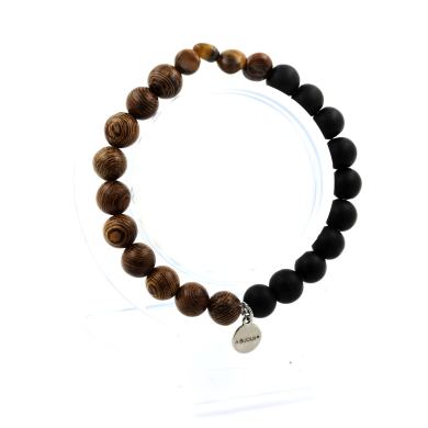 Tiger's Eye from South Africa + Wood + Matte black Onyx Bracelet 8 mm Beads.