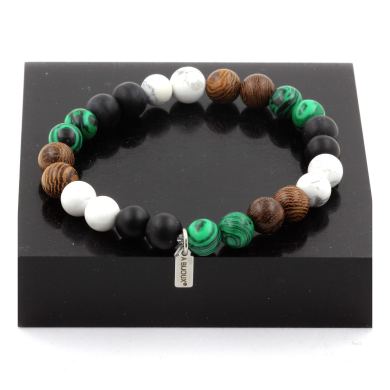 Howlite + Malachite + Matte Black Onyx + Wood Bracelet 8 mm Beads.