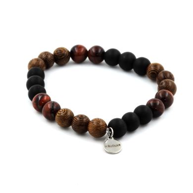 Red Tiger Eye + Matte Black Onyx + Wood Bracelet 8 mm Beads.