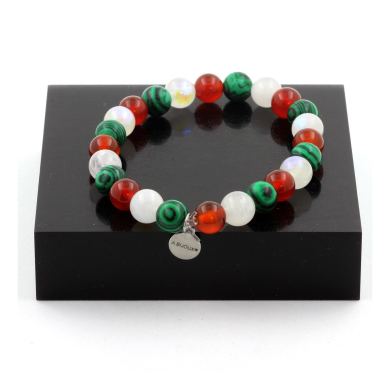 Red Agate + Moonstone + Malachite Bracelet 8 mm Beads.