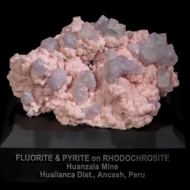 Fluorite & Pyrite on Rhodochrosite from Peru