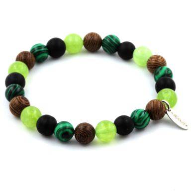 Peridot + Malachite + Matte Black Onyx + Wood Bracelet 8 mm Beads.