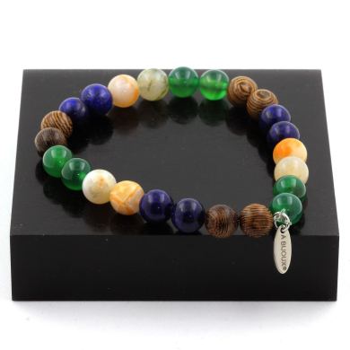 Lapis Lazuli + Green Agate + Bamboo Leaf Agate + wood Bracelet 8 mm Beads.