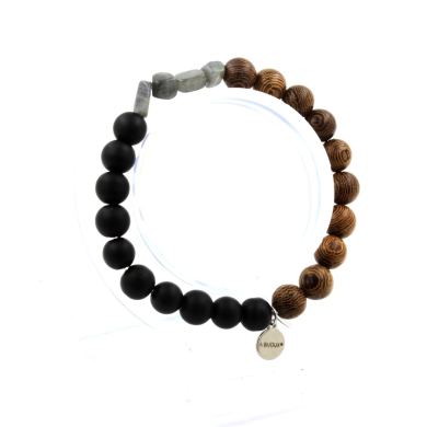 Labradorite from Finland + Matte Black Onyx + wood Bracelet 8 mm Beads.