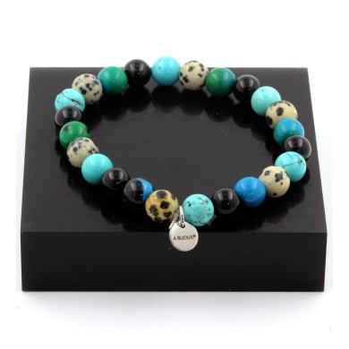 Dalmatian Jasper + Turquoise + Chrysocolla + Black Agate Bracelet 8 mm Beads.